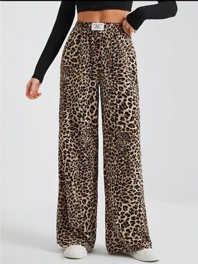 Leopard Print Wide-Leg Pants - Brown